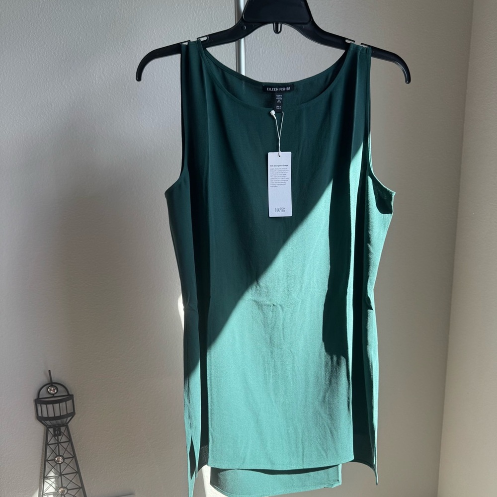 NWT Eileen Fisher Silk Georgette Crepe Boat Long Shell Tunic Pine Sz S - Picture 3 of 7